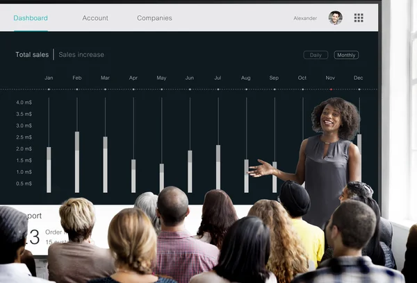 People at seminar with dashboard — Stock Photo, Image