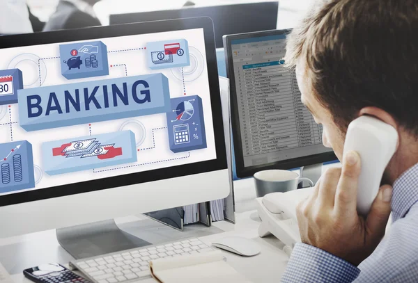 Businessman working on computer with banking — Stock Photo, Image