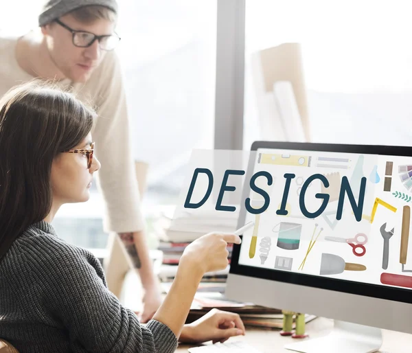Woman showing on monitor with design — Stock Photo, Image