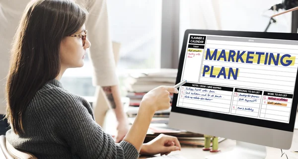 Žena ukazuje na monitoru s marketingový plán — Stock fotografie