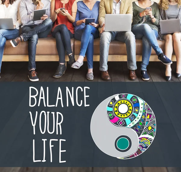 People sit with devices and Balance Life — Stock Photo, Image