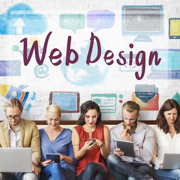 People sit with devices and Web Design — Stock Photo, Image