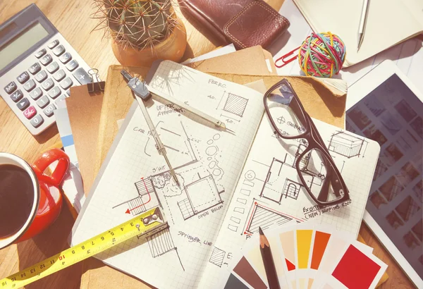 Messy Designer's Table with Sketch and Tools — Stock Photo, Image