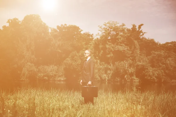 Homme d'affaires debout dans la forêt — Photo