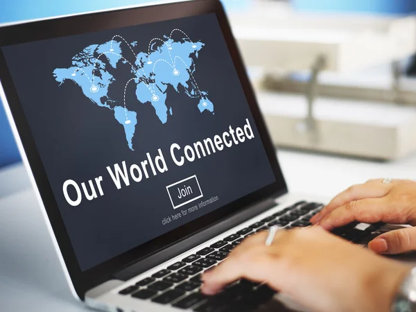 Computer with Our World Connected on monitor — Stock Photo, Image