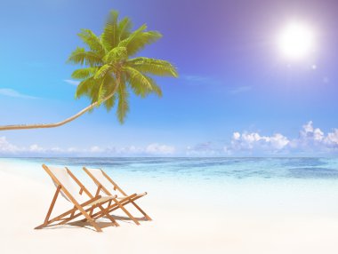 Şezlonglar tropikal plaj kavramı
