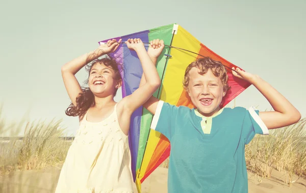 Cheerful Children Playing with Kite — Stockfoto