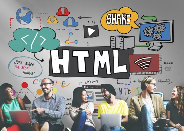 Diversity friends near wall with html — Stock Photo, Image