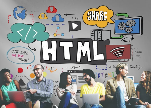 Diversità amici vicino al muro con html — Foto Stock