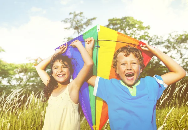 Niños alegres jugando con cometa — Foto de Stock