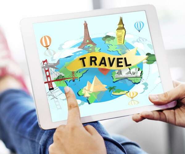 Digital tablet in hands with travel on screen concept