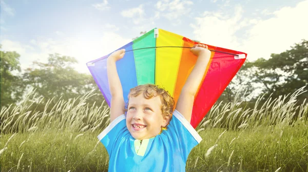 Rapaz alegre a jogar kite — Fotografia de Stock