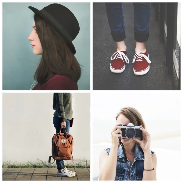 Collage young hipster girls — Stock Photo, Image