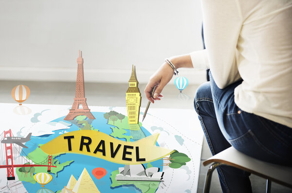 Woman sits near poster with travel Concept