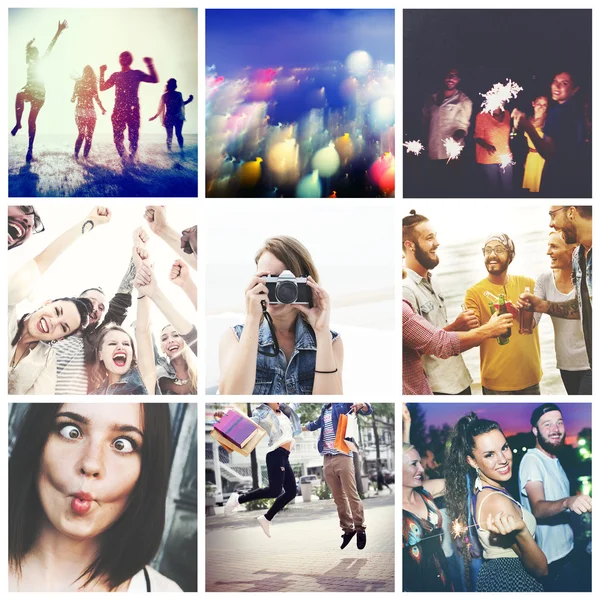 Vänner och njutning, lyckligt liv collage — Stockfoto