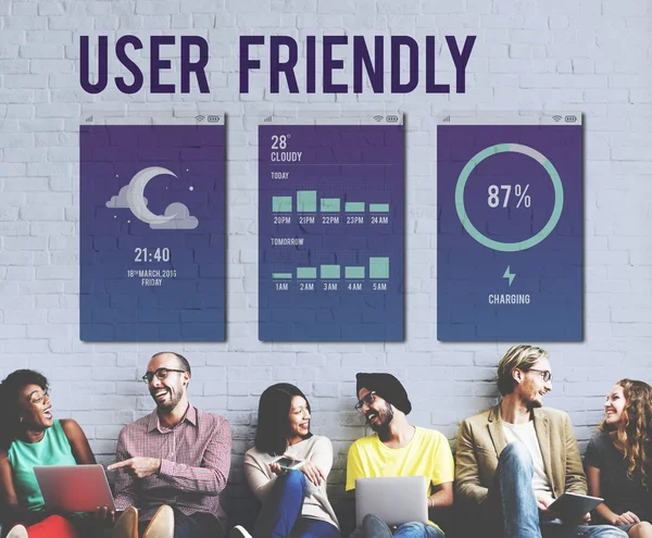 Diversity friends near wall with User Friendly — Stock Photo, Image