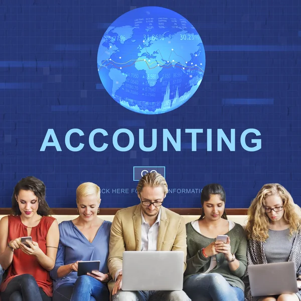 People sit with devices and Accounting — Stock Photo, Image