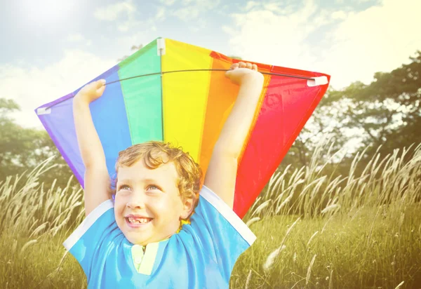 Rapaz alegre a jogar kite — Fotografia de Stock