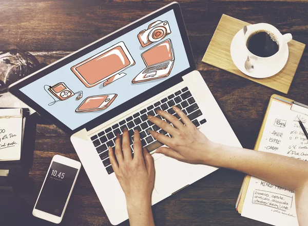 Female hands with laptop at work — Stock Photo, Image