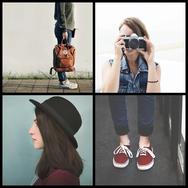 Collage young hipster girls — Stock Photo, Image