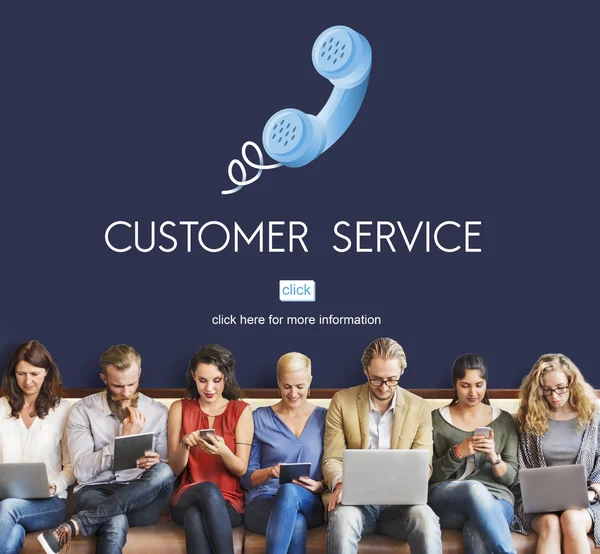 People sit with devices and Customer Service — Stock Photo, Image