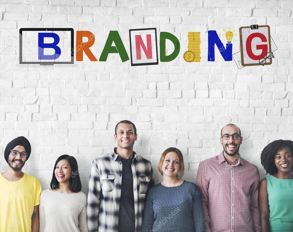 Group of diversity people stands near wall with branding concept