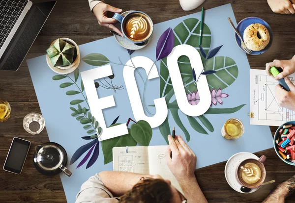 Mesa com cartaz com Eco — Fotografia de Stock