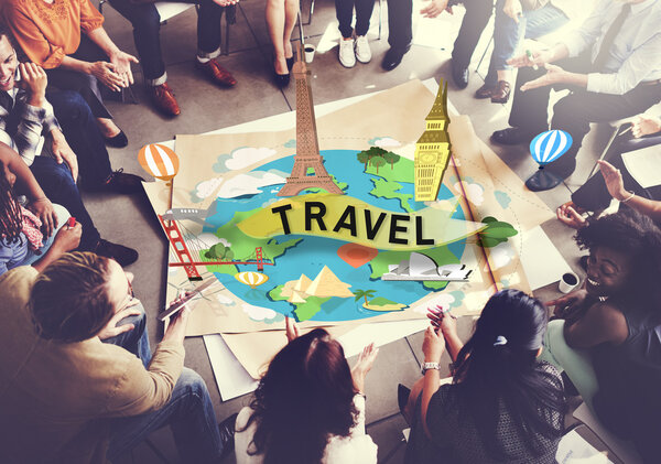 Group of diversity people sitting in circle over poster with travel Concept