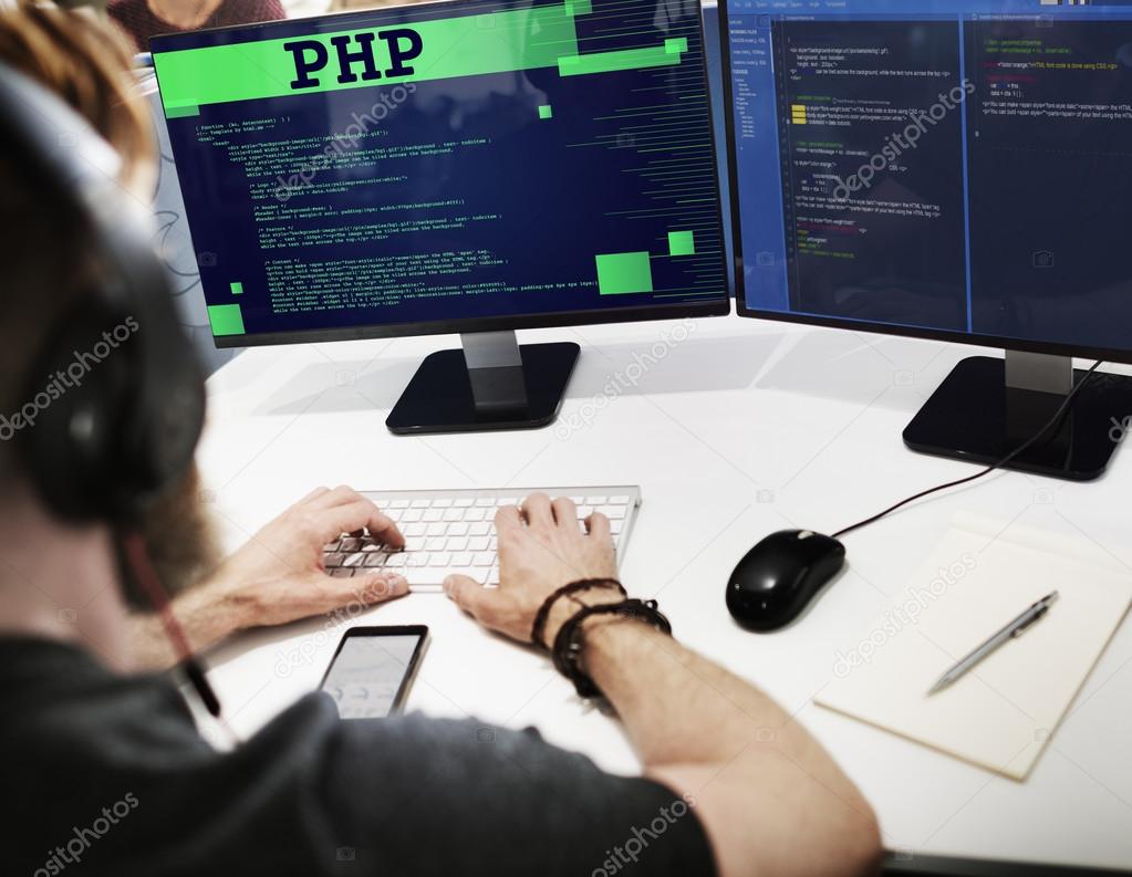 businessman working on computer with Php