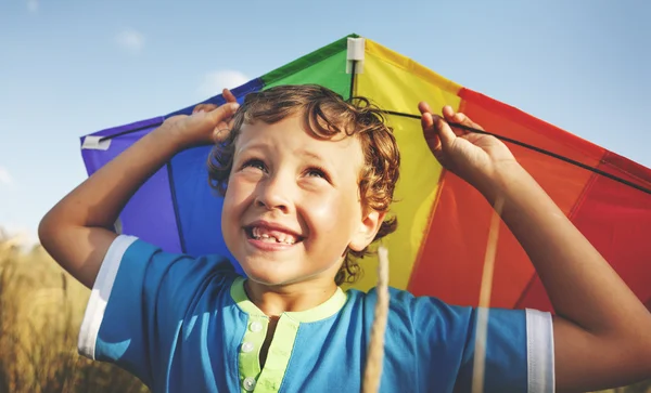 Cheerful boy Playing Kite — Stock fotografie