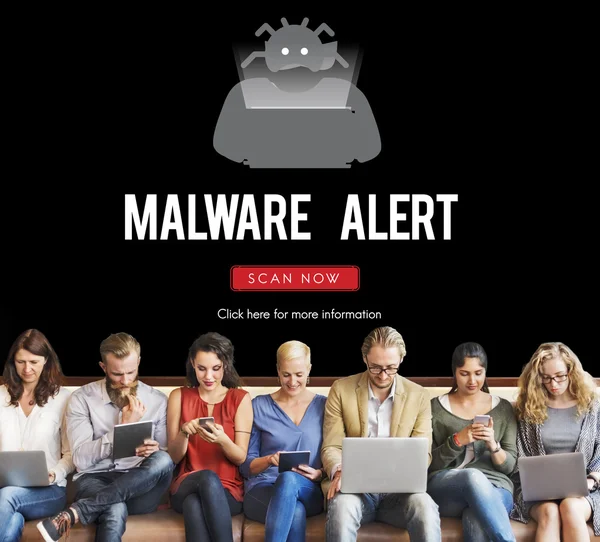 People sit with devices and Malware Alert — Stock Photo, Image