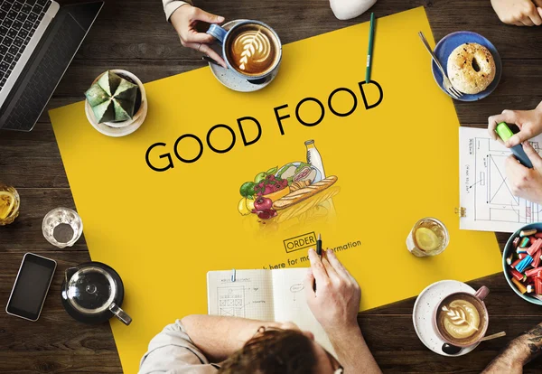 Tabel met poster met goed eten — Stockfoto