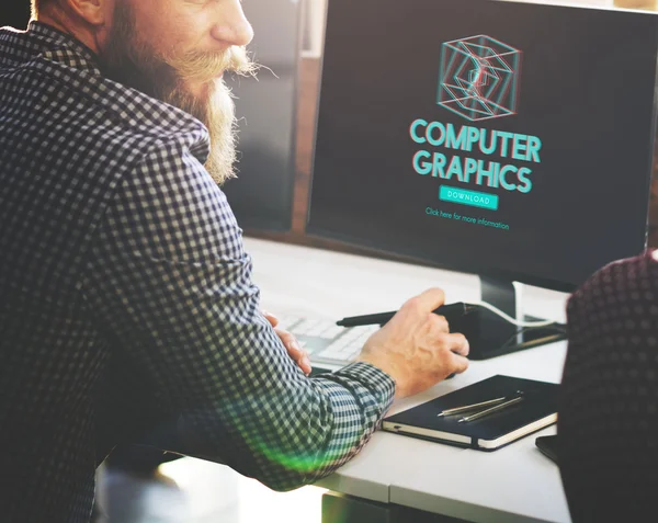 Homem de negócios trabalhando no computador com a Computer Graphics — Fotografia de Stock