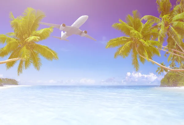 Vliegtuig vliegen over tropisch strand — Stockfoto