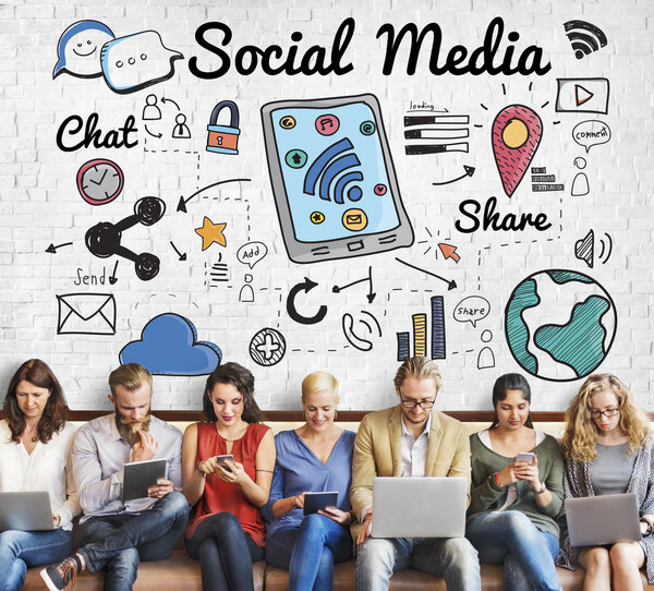 people sit with devices and Social Media