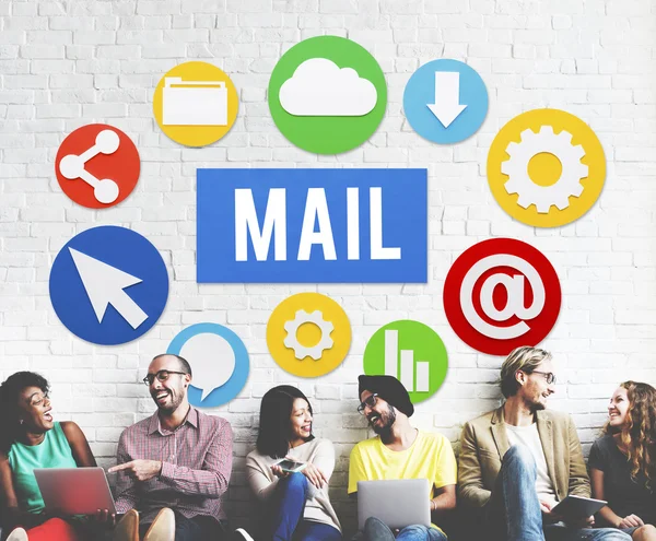 Diversity friends near wall with mail — Stock Photo, Image