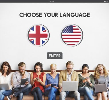 insanlar oturup aygıtları ve Your dil seçin