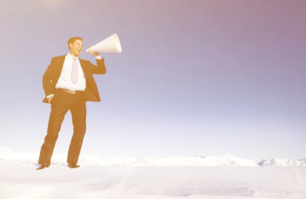 Businessman in suit with Megaphone — Φωτογραφία Αρχείου