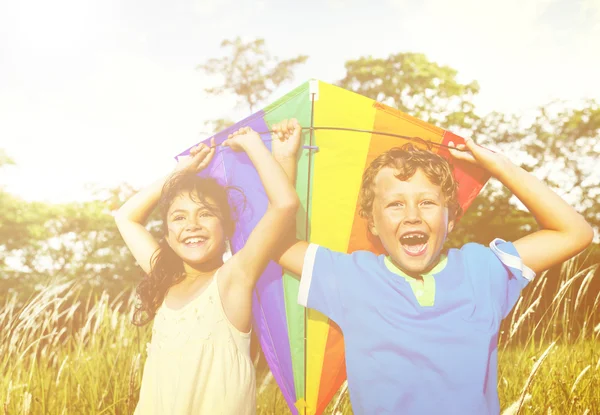 Cheerful Children Playing with Kite — Φωτογραφία Αρχείου