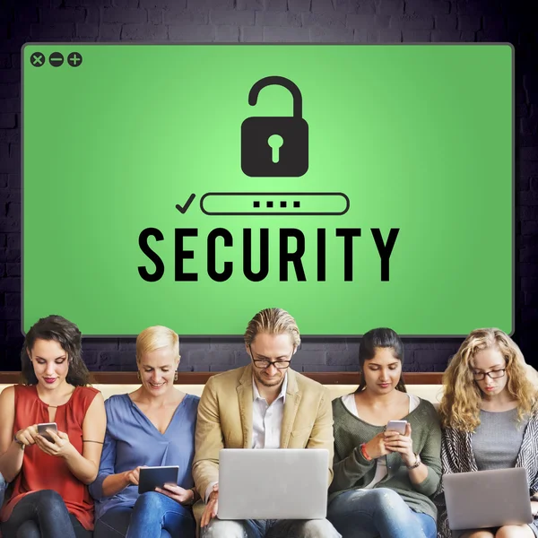 People sit with devices and Security — Stock Photo, Image