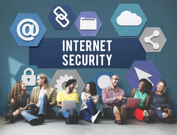 Diversity friends near wall with internet security — Stock Photo, Image