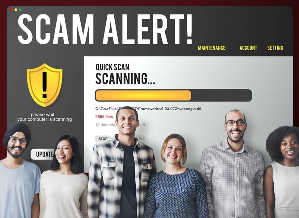 Diversity people with scam alert — Stock Photo, Image