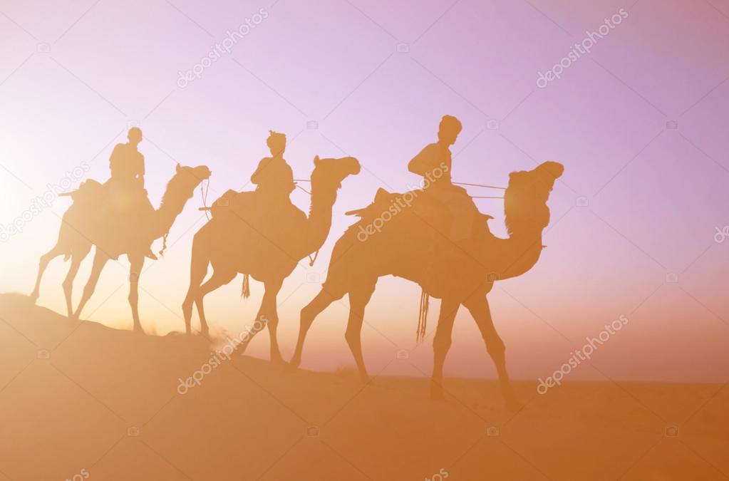 Men riding camels through desert  