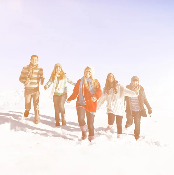 Amigos divirtiéndose en la nieve — Foto de Stock