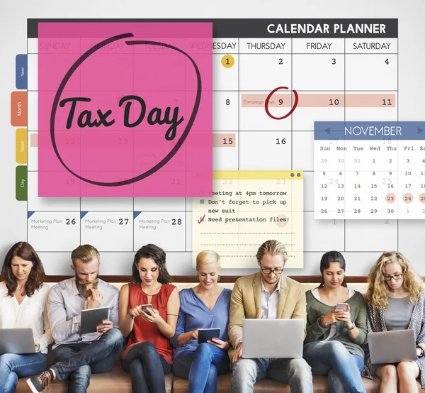 People sit with devices and Tax Day — Stock Photo, Image