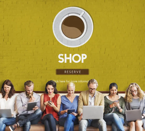 People sit with devices and shop — Stock Photo, Image