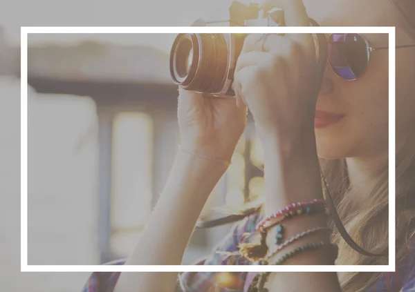 Woman making photos on background — Stock Photo, Image