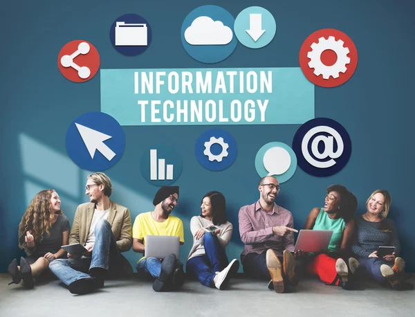 Diversity friends near wall with information technology — Stock Photo, Image