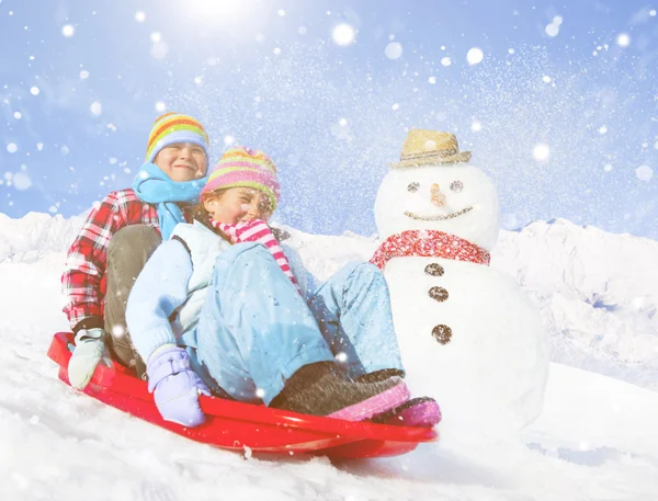 Children riding on snow sledge — Stockfoto