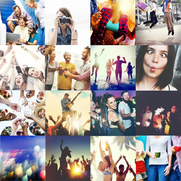Różnorodność osób na imprezie w collage — Zdjęcie stockowe